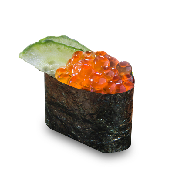 【きゅうりイクラ軍艦寿司1貫】の背景透過処理した飲食店用デジタル写真。ファイルサイズ約 35.1MB、3000 * 3000 ピクセルの切り抜き済みのPSDファイルです。【一部の素材にはシャドウレイヤーが含まれており、Photoshopなどの写真編集ソフトでレイヤーの表示・非表示を自由に切り替えられます】