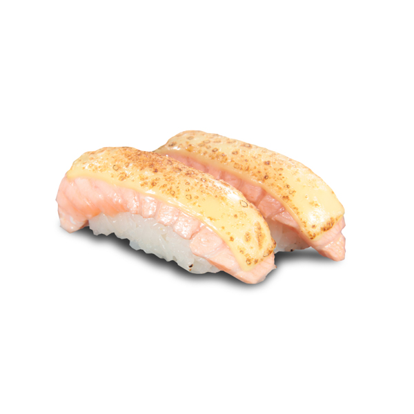 【サーモンのチーズ焼き寿司2貫】の背景抜き加工済みレストラン専用ピクチャー。ファイルサイズ約 26.0MB、5184 * 5184 ピクセルの切り抜き済みのPSDファイルです。【一部の素材にはシャドウレイヤーが含まれており、Photoshopなどの写真編集ソフトでレイヤーの表示・非表示を自由に切り替えられます】