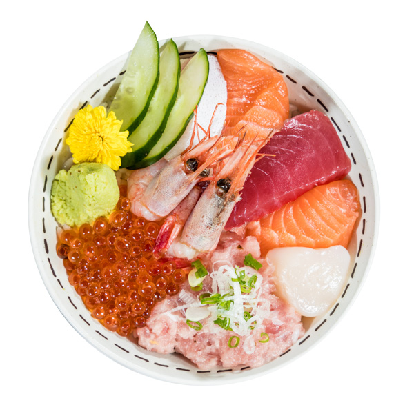 【刺身盛り合わせ丼】の背景白抜きメニュー作成に適する写真絵。ファイルサイズ約 68.5MB、4547 * 4547 ピクセルの切り抜き済みのPSDファイルです。【一部の素材にはシャドウレイヤーが含まれており、Photoshopなどの写真編集ソフトでレイヤーの表示・非表示を自由に切り替えられます】